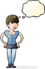 cartoon woman with hands on hips with thought bubble