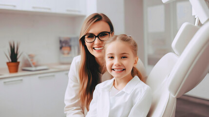 Smiling happy little kid child girl patient visits a female dentist doctor at a medical dental clinic. Health care treatment. Healthy teeth. No fear.
