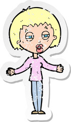 retro distressed sticker of a cartoon suspicious woman
