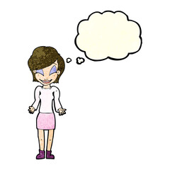 cartoon happy woman shrugging shoulders with thought bubble