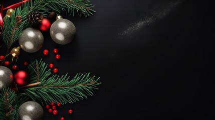 Christmas background with fir branches and red and silver baubles on black background with copy space for text