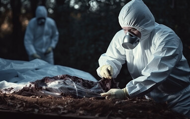 Criminologist in protective gloves and wearing face masks working with dead body at crime outdoors