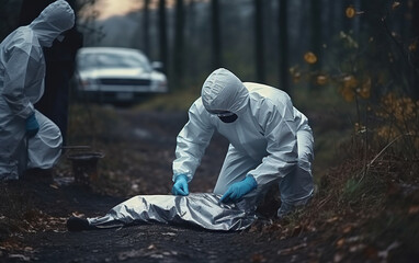 Criminologist in protective gloves and wearing face masks working with dead body at crime outdoors - obrazy, fototapety, plakaty