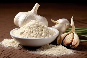 Garlic powder - antibiotic properties of garlic cloves and bulbs used as food plant. Generative AI