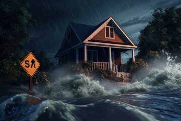 3D illustration of a sign indicating a severe storm, flooding, and a flooded house. Generative AI