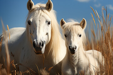 Obraz premium White Mare together with a little foal