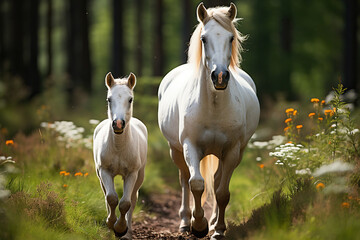 Obraz premium White Mare together with a little foal