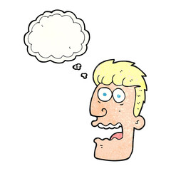 freehand drawn thought bubble textured cartoon shocked man