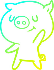 cold gradient line drawing of a happy cartoon pig waving