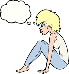 cartoon woman sitting with thought bubble