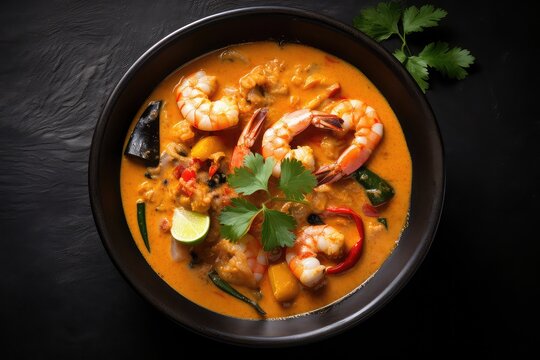 Moqueca in black bowl on the table. Brazilian sea food dish