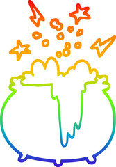 rainbow gradient line drawing of a cartoon witchs cauldron