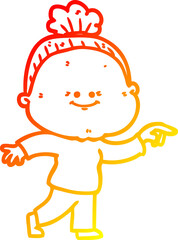 warm gradient line drawing of a cartoon happy old woman