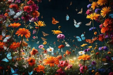 Fototapeta na wymiar flowers and butterflies in the garden