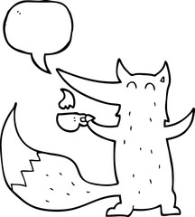 freehand drawn speech bubble cartoon wolf with coffee cup