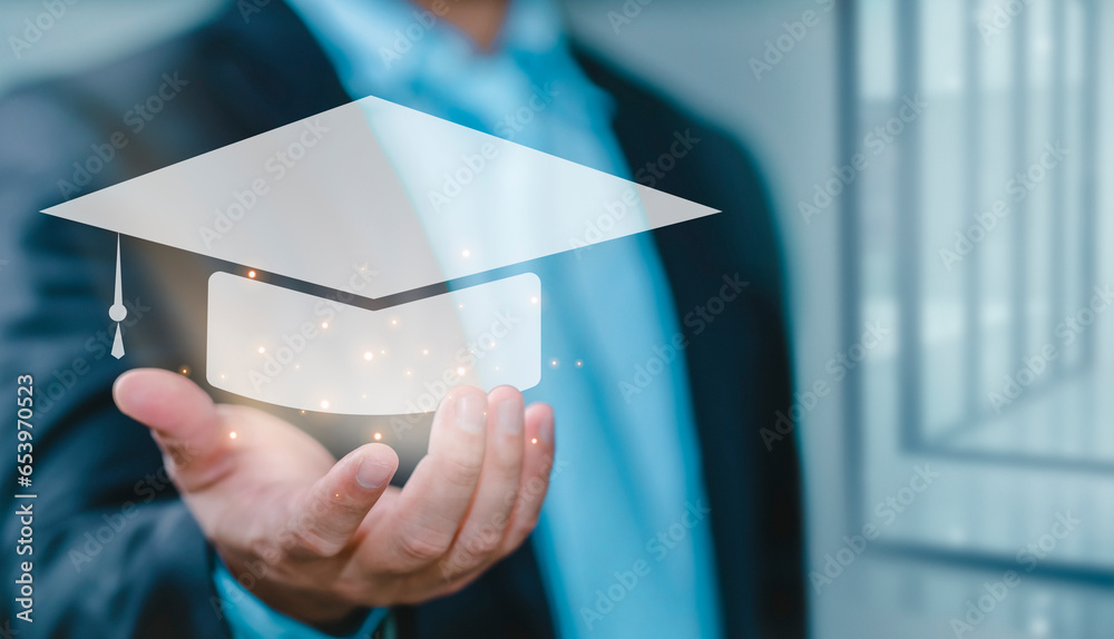 Fototapete Concept of Online education. man use Online education training and e-learning webinar on internet for personal development and professional qualifications. Digital courses to develop new skills..