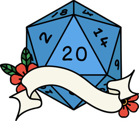 Retro Tattoo Style natural twenty D20 dice roll