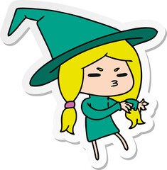 sticker cartoon illustration of a cute witch kawaii girl