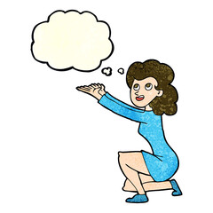 cartoon woman presentation gesture with thought bubble