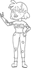 freehand drawn black and white cartoon alien rock fan girl
