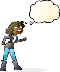 cartoon angry biker girl with thought bubble