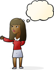 cartoon woman gesturing to show something with thought bubble