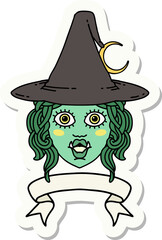 sticker of a half orc witch character face with banner