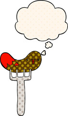 cartoon sausage and fork with thought bubble in comic book style