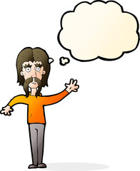 cartoon waving man with mustache with thought bubble