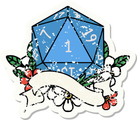 grunge sticker of a natural one d20 dice roll