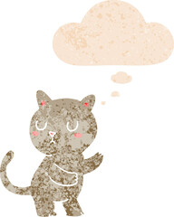 cartoon cat with thought bubble in grunge distressed retro textured style