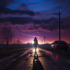 The silhouette of a woman walking on a road into the sunset