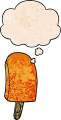 cartoon ice lolly with thought bubble in grunge texture style