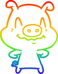 rainbow gradient line drawing of a nervous cartoon pig
