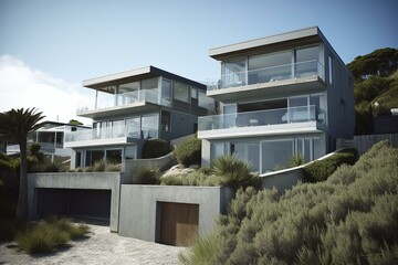 Beautiful seaside dwelling with contemporary features, sleek appearance, lavish coastal abode. Generative AI