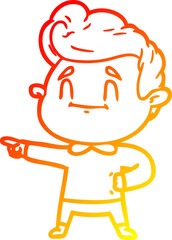 warm gradient line drawing of a happy cartoon man pointing