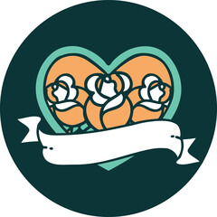 iconic tattoo style image of a heart and banner with flowers
