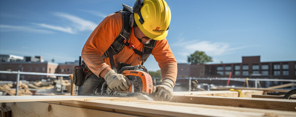 Construction worker saws timber with a saw at construction site.