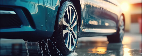 Car cleaning concept, manual car wash with high pressure water. Wide photo for background.