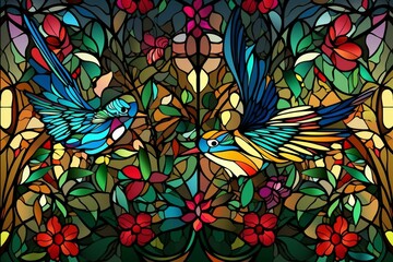 Vivid stained-glass floral and avian seamless motif. Generative AI