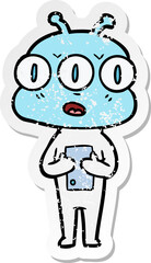distressed sticker of a cartoon three eyed alien