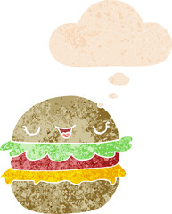 cartoon burger with thought bubble in grunge distressed retro textured style