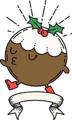 scroll banner with tattoo style christmas pudding character walking