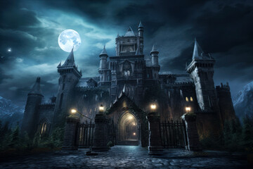 Old Gothic castle on scary Halloween night, haunted place in full moon