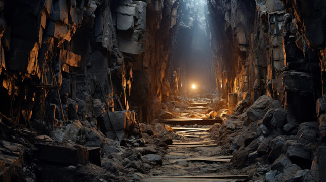 Fototapeta Dark mine tunnel, cave with rocks and wood, old underground passage