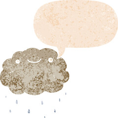 cartoon cloud with speech bubble in grunge distressed retro textured style