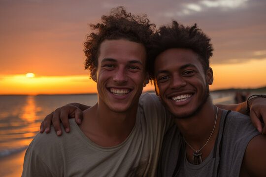Picture of two men standing side by side on beautiful beach. This image can be used to depict friendship, travel, vacation, or outdoor activities