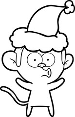 hand drawn line drawing of a surprised monkey wearing santa hat