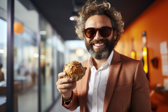 Picture of man wearing suit and sunglasses, holding sandwich. This image can be used to depict professional enjoying quick meal on go