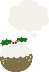 cartoon christmas pudding with thought bubble in retro style